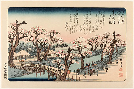 Hirsohige ‘Evening Snow at Asuka-yama,’ 1837. Estimate: $3,000-$5,000. PBA Galleries image.